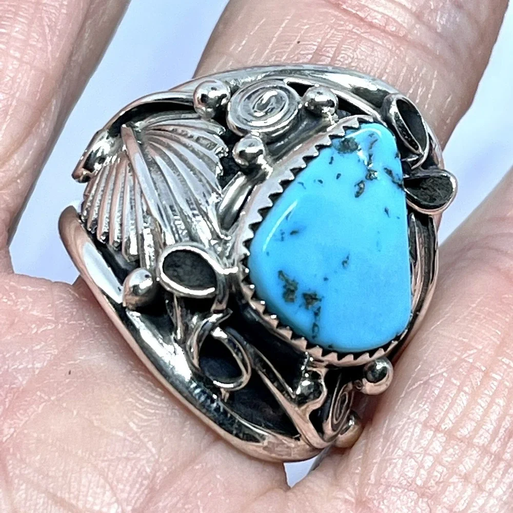 Navajo Turquoise Mens Ring Sz 11 Leaf Feather Sterling Native American Saunders